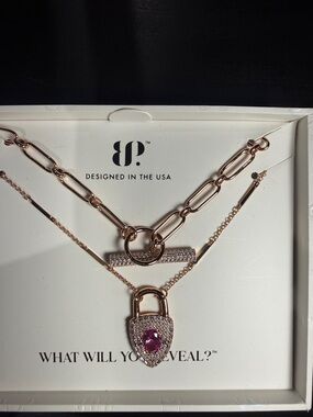 Rose Gold Layered Padlock Necklace with Pink Gem by BP